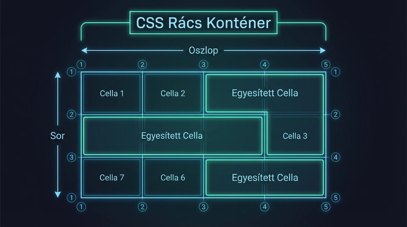 CSS Grid kétdimenziós rácsrendszer sorokkal és oszlopokkal
