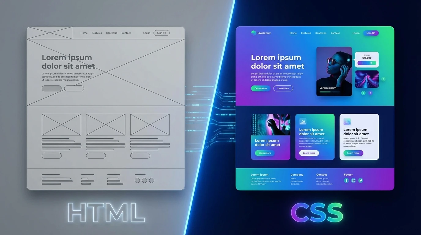 A HTML csontváz és a CSS dizájn vizuális összehasonlítása