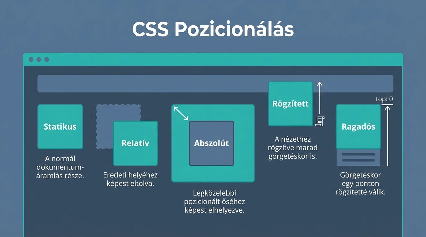 A CSS position tulajdonságok: static, relative, absolute, fixed és sticky vizuális bemutatása