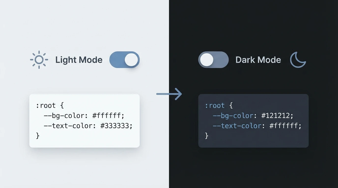 A CSS változók működése és a Sötét Mód (Dark Mode) váltás vizuális bemutatása