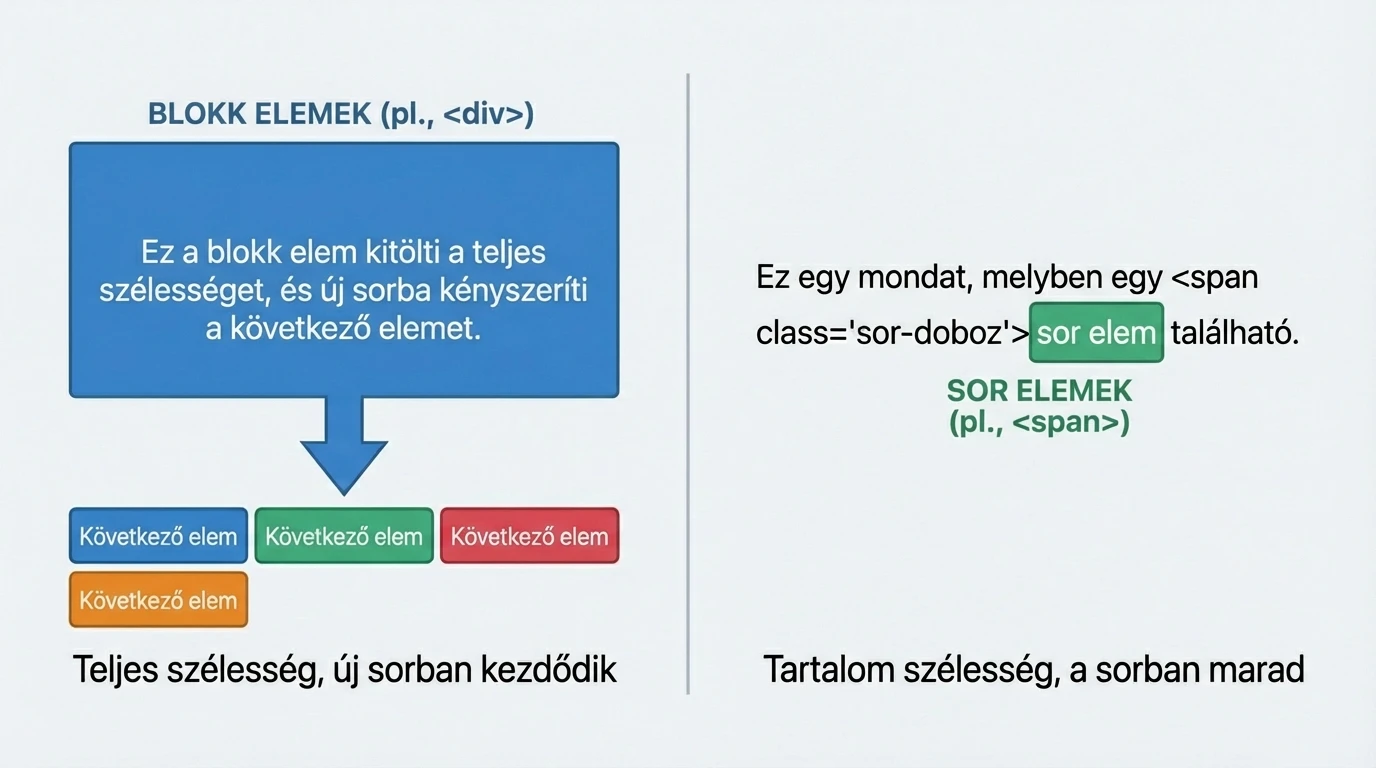 A blokk szintű és a soron belüli HTML elemek vizuális különbsége