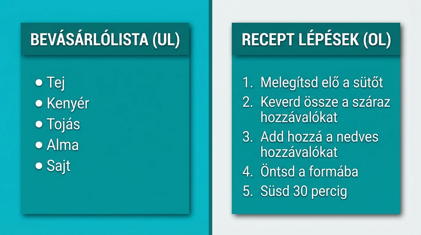 A rendezett és rendezetlen HTML listák vizuális összehasonlítása
