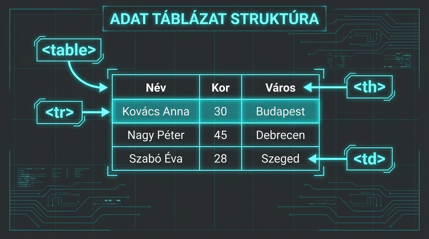 Egy HTML táblázat sorainak és celláinak vizuális magyarázata
